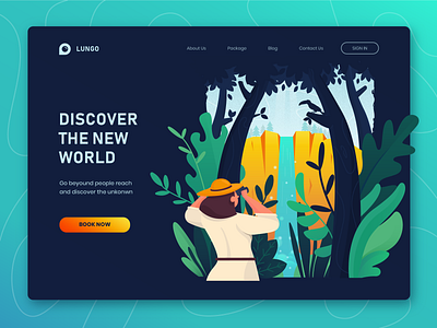 Discover The New World Website Header bird character design discover explore female header hiking illustration lady landing page leaves uiux waterfall web website woman woods