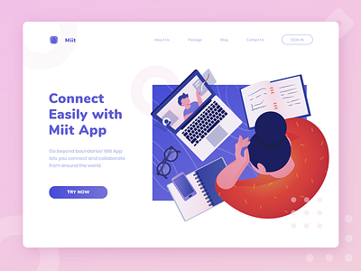 Miit App - Online Meeting/Learning Header Illustration character collaboration design desk header illustration landing page meeting noansa social distancing study ui uiux video call web website work work from home