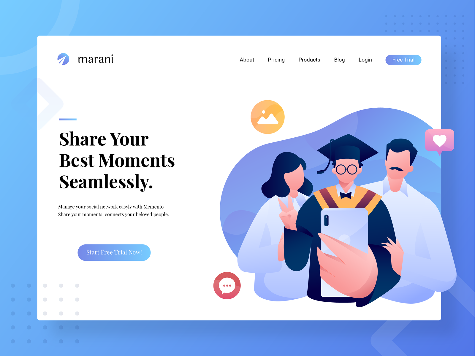 Social Network Manager Hero Header selfie family study graduation exploration header character blue and white ui uiux website vector illustration webdesign social media social network