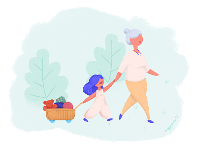 Going to the Park caregiver digital art girl grandma illustration midnightdoodles nanny poppy wagon