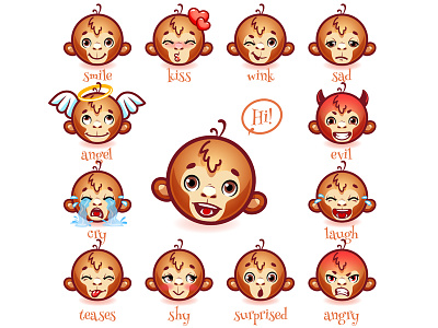 Set of emoticons funny monkey. ape character emoticons icons monkey smile vector