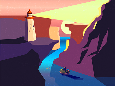 Fish Stories boat cliff illustration illustrator cc lighthouse sea sunset texture vector