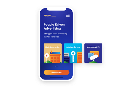 Mobile- Adway Landing Page Exploration ads app blue branding card character color design illustration mobile mobile ui design modern typography ui ux vector