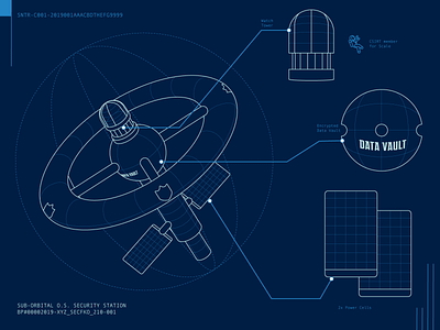 Space Security Station Blueprint astronaut azul blue blueprint data detail energy illustration infographic low-code outline outsystems print security sentry ship solar space station