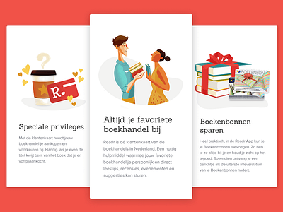 Readr onboarding illustrations app books coffee cute illustration mobile people red