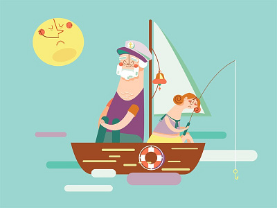 Family fishing family fishing granddaughter grandfather illustration sailor sea sun vacation vector