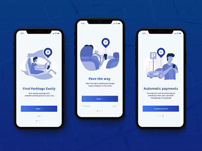 Carpark. Illustrations for app for searching free parking lots app blue car clean dailyui design flat guide how it works illustration art light minimalistic modern navigation park parking ui ux vector vehicle