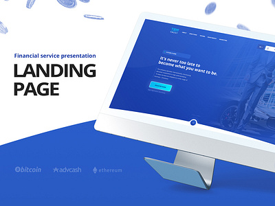 Landing page for investment service presentation bitcoin blue clean corporate crypto currency design ethereum etherium finance investment landing page layout light moedrn money ui webdesign