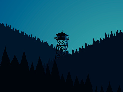Firewatch tower in mountain hills forest art blue designe fire fireman forest hills mountains night tower trees