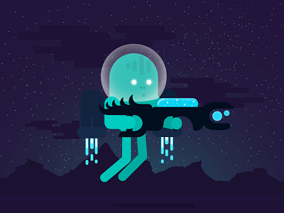 Galaxy alien hero on another planet blue character dark flat gun hero illustrator jetpack landscape mountains space stars