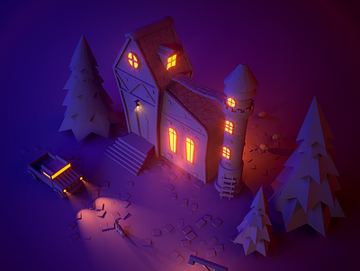 Spooky house 3d cinema cinema4d design illustration lowpoly material modelling redshift render