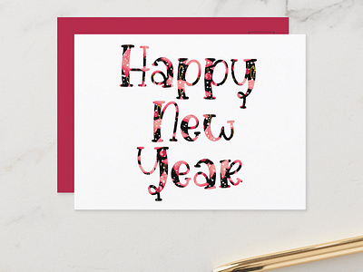 Pink and Black snowy Happy new year pattern postcard