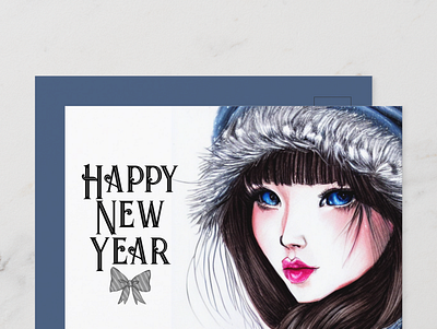 Vintage girl illustration Happy new year Postcard 2023 bow canva card design girl happy new year holiday joy new year postcard design stationery vintage wishes