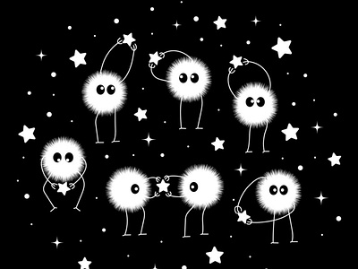 Clumsy space creatures catching stars adobe illustrator black catching stars clumsy doodle graphic design outer space shining space creatures space monsters stars vector white