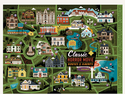 Classic Horror Movie Map film halloween haunted horror horror movies illustration puzzle design settings