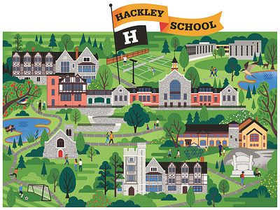 Hackley School "map" buildings campus illustration map whimsical