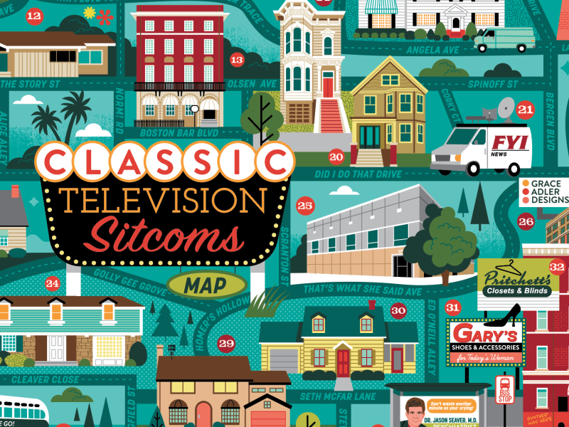 Classic TV map illustrated map illustration map puzzle design sitcom television