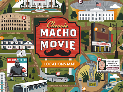 Macho Movie Map film illustrated map macho map map illustration movies puzzle design
