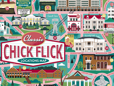 Chick Flick Map films illustrated map illustration map movies scenes