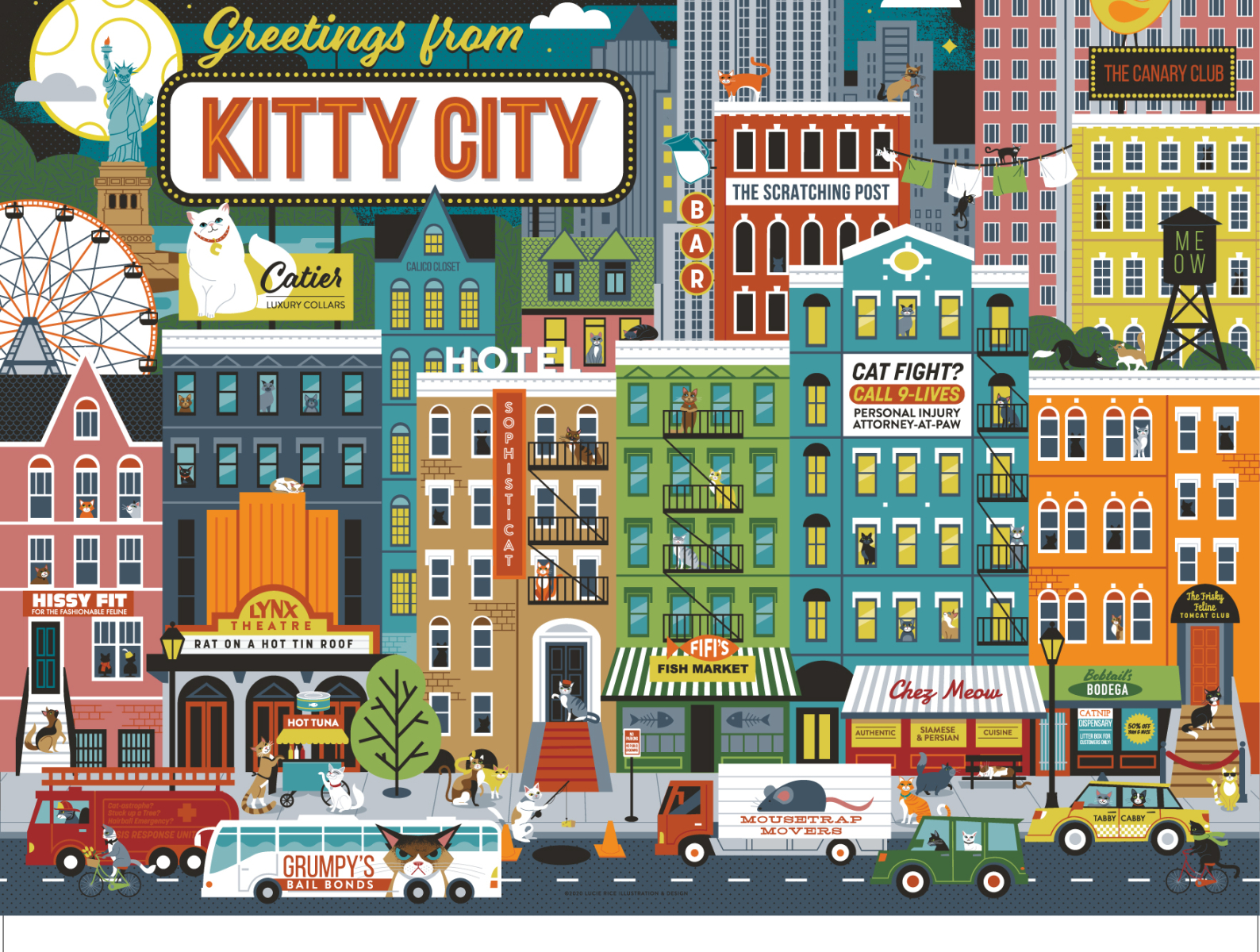 Greetings from Kitty City animal cats city illustration whimsical