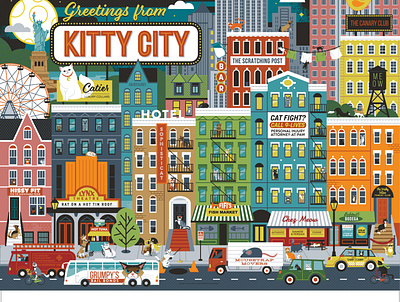 Greetings from Kitty City animal cats city illustration whimsical