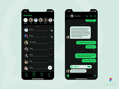 WhatsApp Dark Mode app black call card chat dailyui2 dark design designer dribbble figma green home inner screen ios mobile app status ui ux