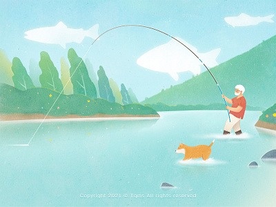fishing dog fishing illustration mountain natural season stream