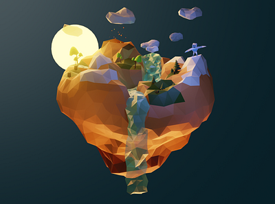 Yeti's Land 3d 3dcharacter 3dmodeling art blender character design cute character island isometric lowpoly microcosm render sunset tree waterfall