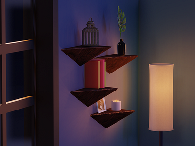 Blender Living Room: Details 3d 3dart 3dhome 3dmodelling blender blender3d books bottle candle home living room shelves warm window