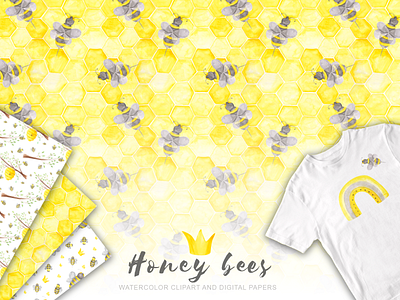 Honey bees, watercolor clipart and digital papers pack backdrop background bee bee hive branding bumblebee design digital paper graphic design hand painted honey honeycomb illustration logo rainbow seamless pattern surface design wallpaper watercolor wrapping paper