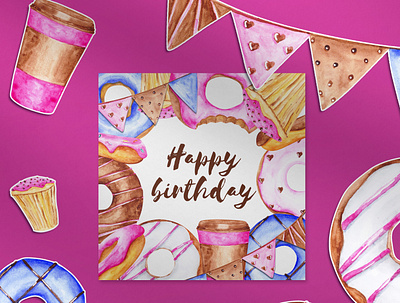 Happy birthday card. backdrop background birthday cake card clipart coffee cupcake design donut food frame greeting card hand painted holiday illustration logo party template watercolor