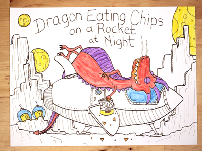 16: Dragon Eating Chips On A Rocket At Night astronaut chips dragon moon rocket space