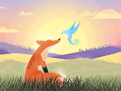 The Encounter animals bird characters digital fox illustration vector
