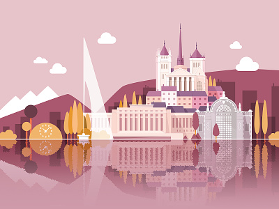 Welcome to Geneva (second color variant) city colorful flat illustration landscape monuments naive vector
