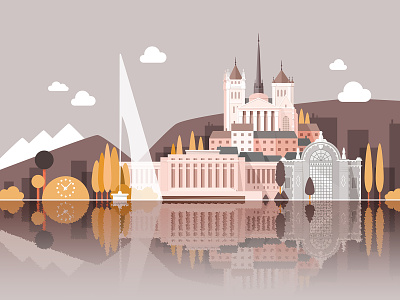 Welcome to Geneva (third color variant) city colorful flat illustration landscape monuments naive vector