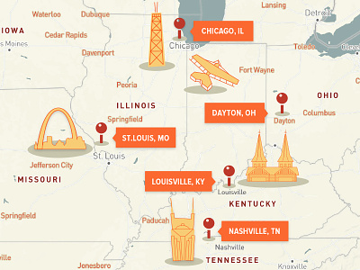 Locations Map cartography chicago churchill downs dayton dayton flyers illustration louisville map mapbox sears tower st. louis