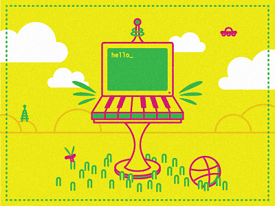 Greetings, Friends antennae clouds computer debut dribbble icons illustration insect keyboard ms dos scenery ufo
