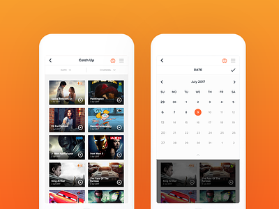 Catch Up Screen - TV App app calendar date design filter interaction ios minimal mobile screen ui