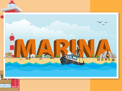 Chennai Marina Beach Illustration beach boat chennai illustration light house marina memorial mgr ocean sea