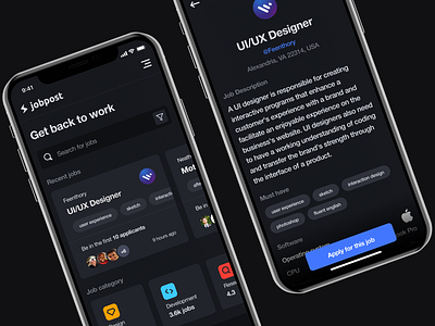 Jobpost app apply dark dashboard interaction interface ios job jobs mobile search ui ux