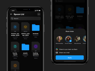 Files management add dark dashboard design files interaction ios management mobile people share ux uxui