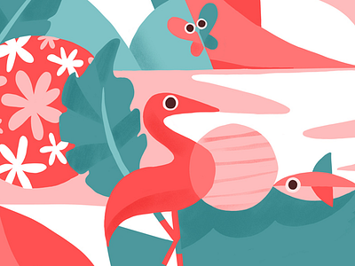 Flamingo Land blue buttefly design digital painting fish flamingo flat illustration pink teal water