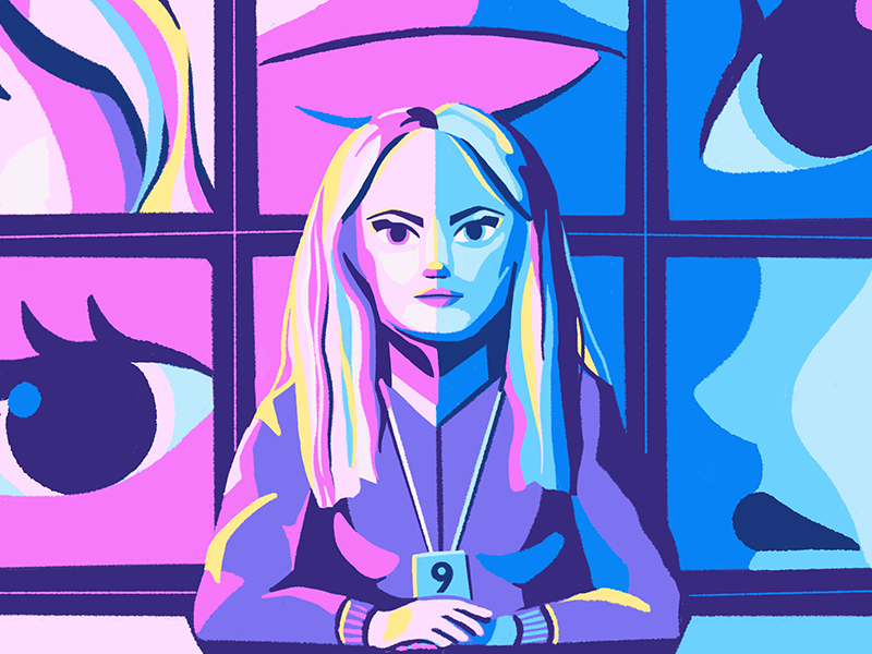 M A N I A C fan art character design eyes lips annie landsberg procreate digital illustration blue pink emma stone manic