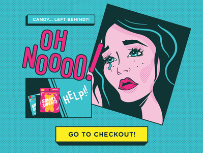 Abandoned Cart Concept type lettering woman tears blue yellow checkout candy email pop art comic illustration