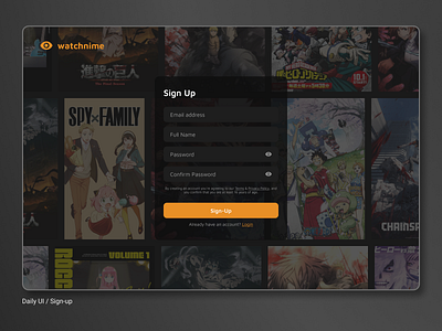 Watchnime - Sign up for anime, anitime, aniwhere dailyui graphic design sign up ui ux webpage