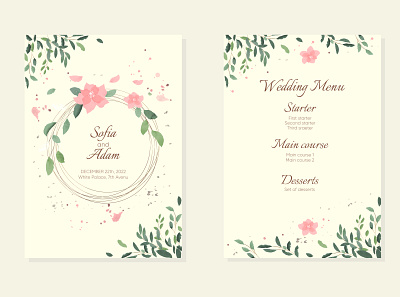 Wedding invitation and menu template with watercolor leaves design graphic design illustration illustrator vector watercolor