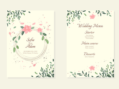 Wedding invitation and menu template with watercolor leaves