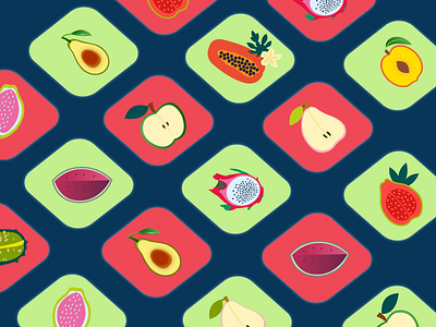 Fruit halves icons apple avocado fruit graphic design green guava halves icon icons illustration navy blue papaya pear pitaya red vector watermelon