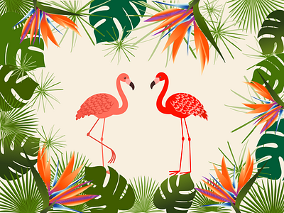 Flamingo blue flowers graphic design green illustration leaves orange pattern pink flamingo tropical tropical leaves vector