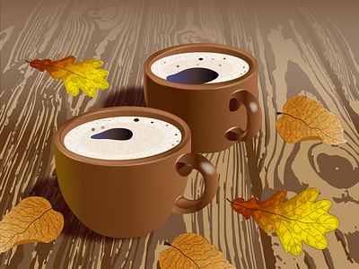 Coffee and autumn ai aspen autumn coffee coffee cup design graphic design illustration leaves oak pair vector wooden table